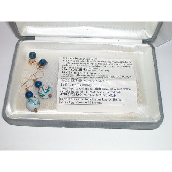 14K Gold Lapis Lazuli Necklace & 2 Pair Earrings Set With Hand-Painted Porcelain - Picture 3 of 7